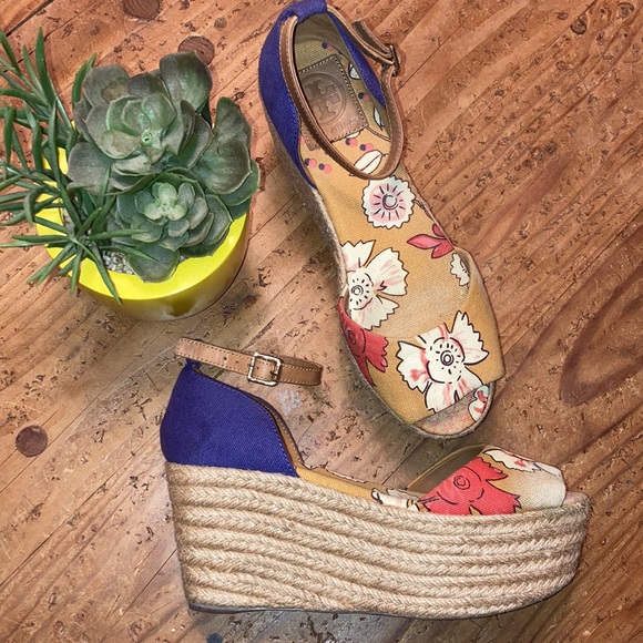 TORY BURCH sz 8 RARE platform floral print ankle strap platforms opentoe sandals - Picture 6 of 11